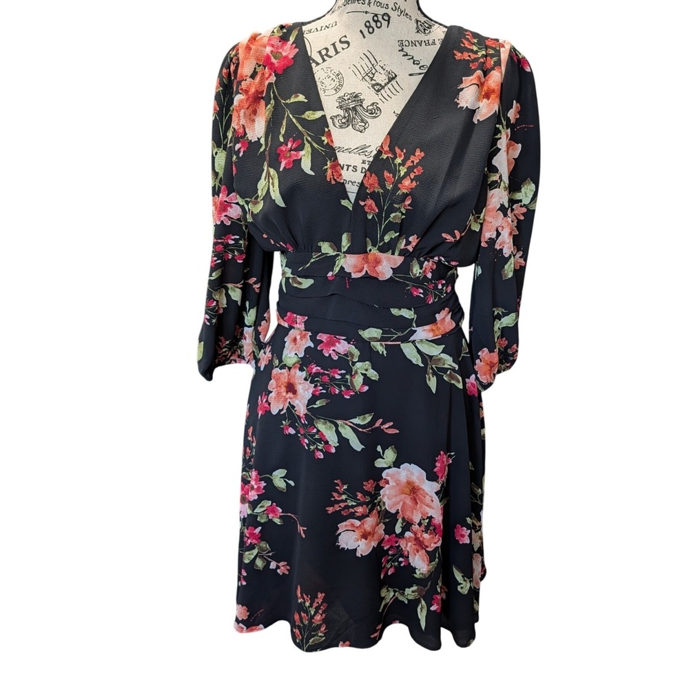 Aqua Womens Black Floral V-Neck Ruched Waist 3/4 Puff Sleeve Mini Dress‎ Large